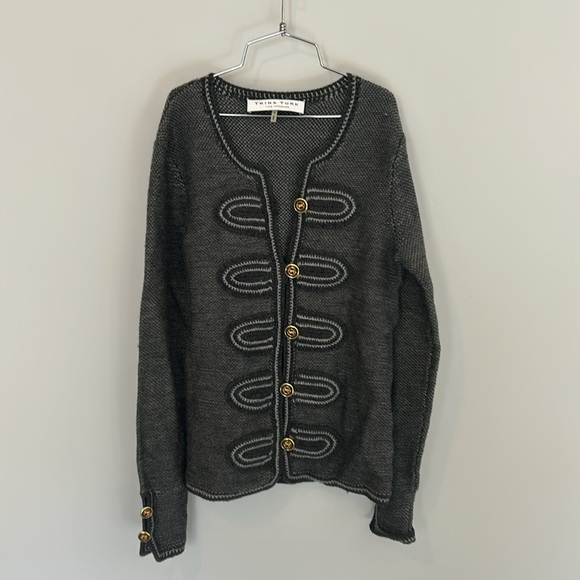 Trina Turk grey merino wool knit sweater with military style button closure. - Picture 1 of 11